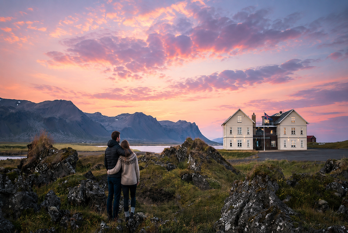 Serene sunset at a Búðir retreat